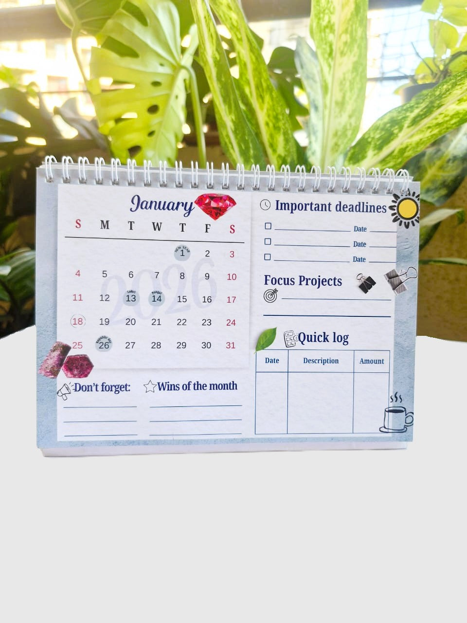Navratna 2026 desk calendar monthly page designed for planning tasks, habits, and priorities.