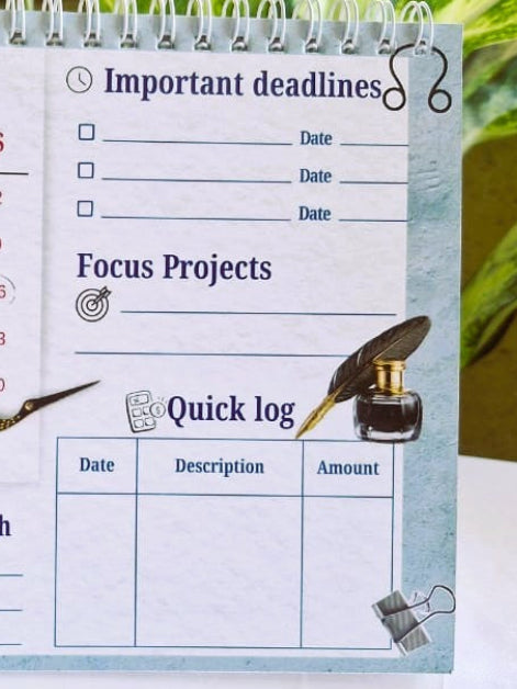 Calendar showing distinct elements like deadlines, focus projests and quick logs for entrepreneurs