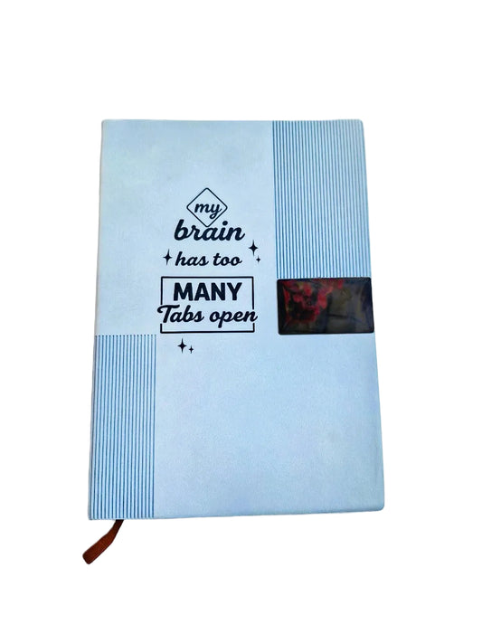 Undated ivory page diary with soft leather-finish cover in blue, featuring the quote “My Brain Has Too Many Tabs Open”