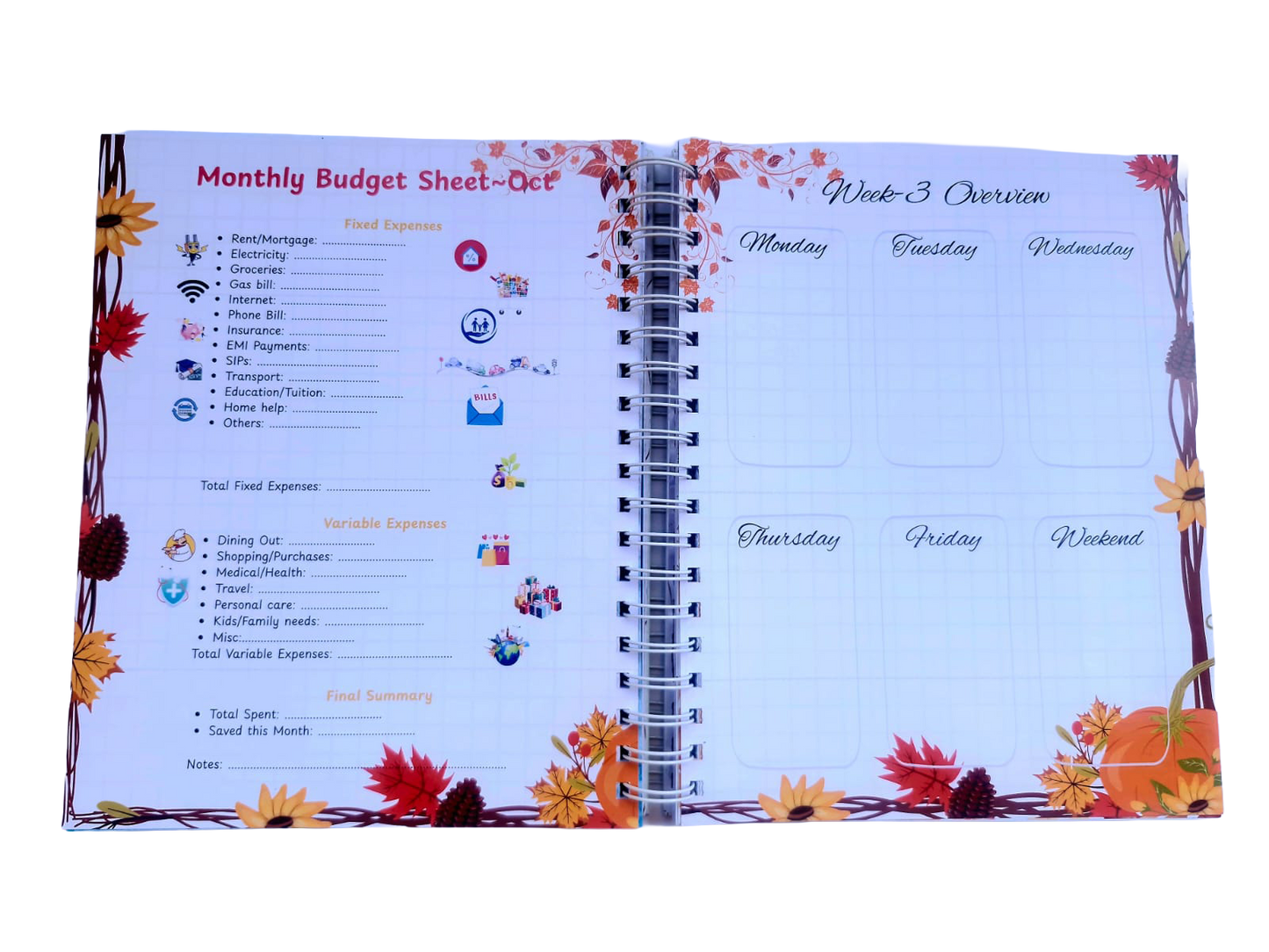 Family Tales yearbook monthly budget spread with sections for memories, milestones, and highlights.