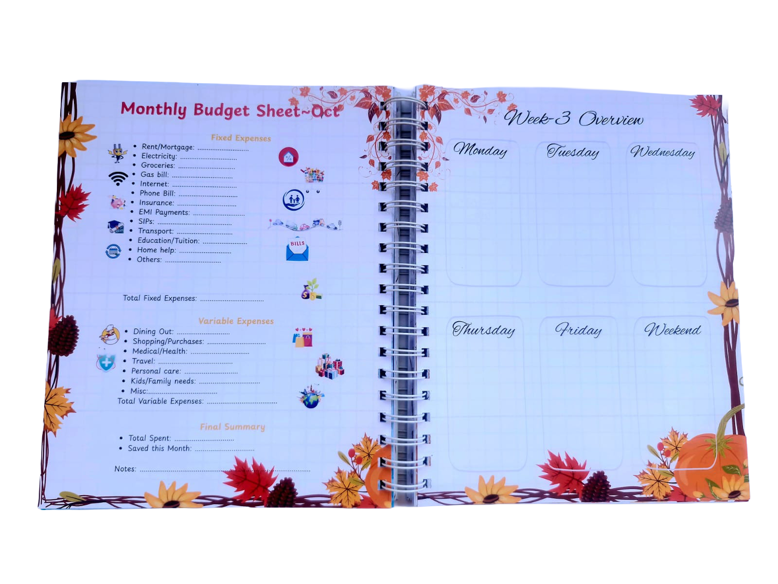 Family Tales yearbook monthly budget spread with sections for memories, milestones, and highlights.