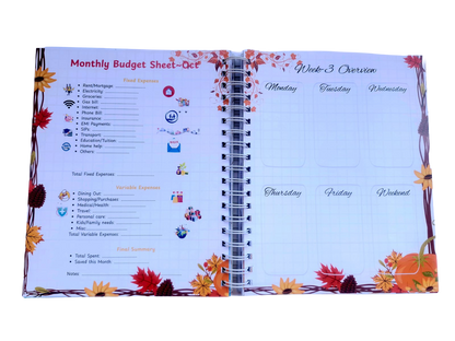 Family Tales yearbook monthly budget spread with sections for memories, milestones, and highlights.