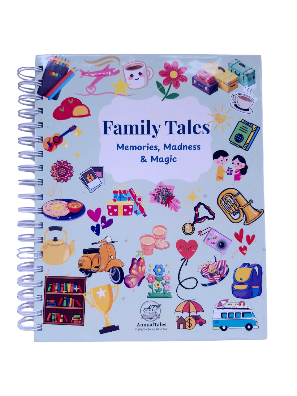 Family Tales yearbook 2026 – illustrated hardbound cover with colorful icons documenting memories, moments, and family highlights.
