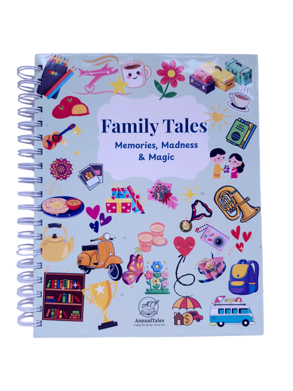 Family Tales yearbook 2026 – illustrated hardbound cover with colorful icons documenting memories, moments, and family highlights.