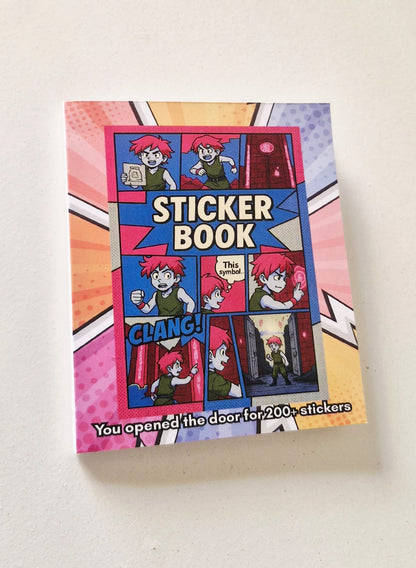 Sticker book cover with comic-style illustrations