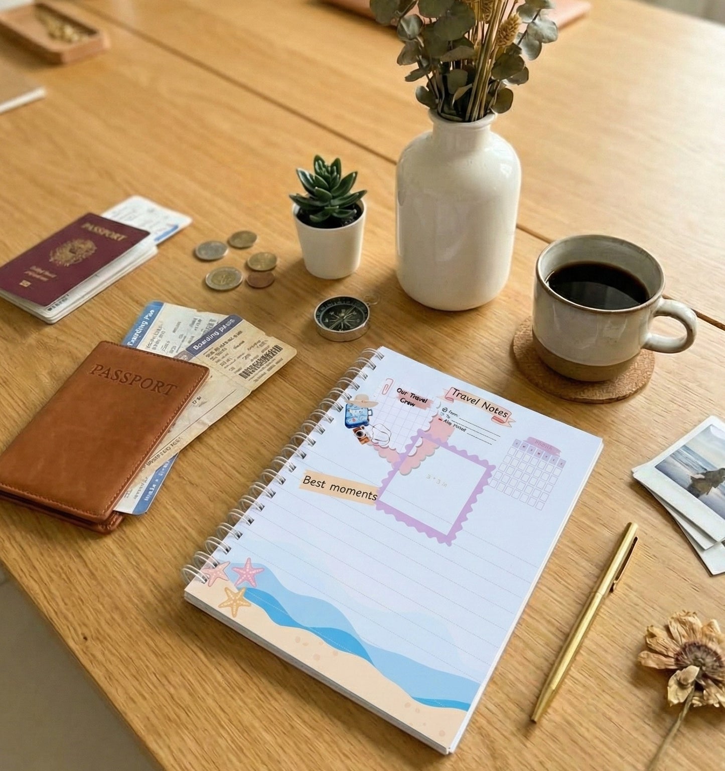 Travel memories page inside the Family Tales yearbook — prompts and photo spaces for documenting trips and travel stories.